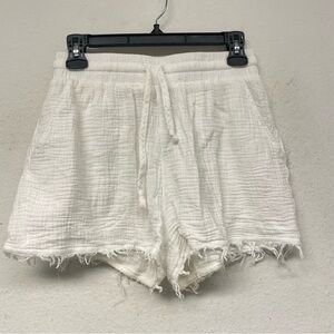 Saks Fifth Avenue White Elastic Waist Pull On Drawstring Raw Frayed Gauze Shorts